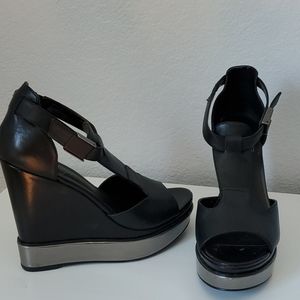 Fergie Black Leather Platform Wedge Shoes
